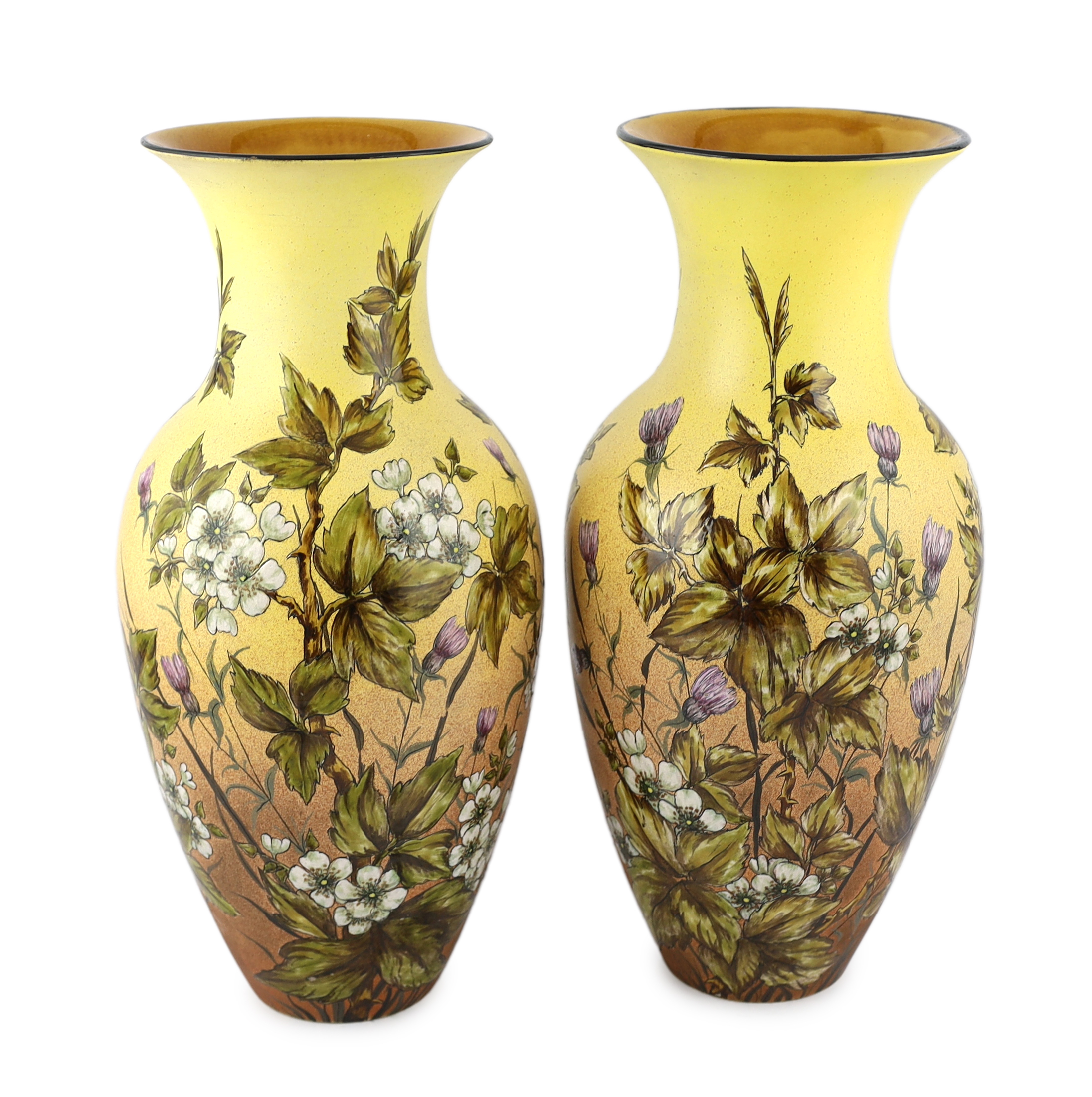 A pair of large Linthorpe painted earthernware vases, c.1880, designed by Christopher Dresser (1834-1904)